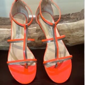 Jimmy Choo ‘Tabitha’ T-Strap Sandal Size 8.5US/ 39EU Neon Flame/Anthracite